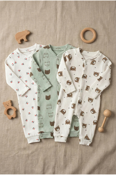 Noone 3'lü Paket Ayıcık Desenli Fitilli (Kaşkorse) %100 Pamuklu Bebek Tulum S...