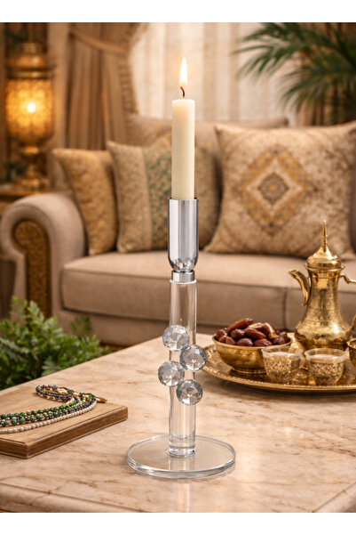 ALQANNAS حامل شموع أنيق من الفولاذ الفضي مع زجاج كريستالي، تصميم زخرفي فاخر