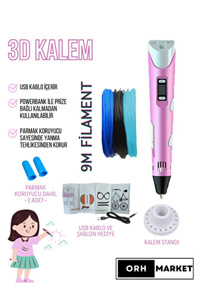 ORH Market Pembe 3d Kalem 3d Pen Yazıcı Kalem – 3 Adet 3 Metrelik Pla Filamen...