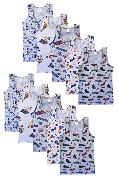 Hepsine Rakip Pack of 10 Boys Colorful Patterned Undershirt 100% Cotton Cheerful