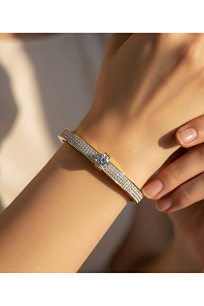 stainless steell altın renk zincirli tek taş modelli çelik kelepçe bileklik