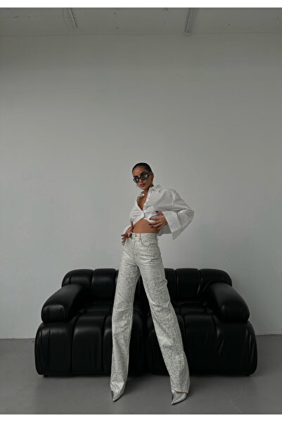 HerTon Metalik Gümüş Düz Paça Yüksek Bel Pantolon