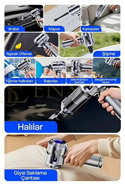 EN SİGA LCD Ekranlı 20.000 Pa Şarjlı Kablosuz Araç İçi Süpürge Güçlü Vakum Fırçasız Motor Üfleme & Vakum