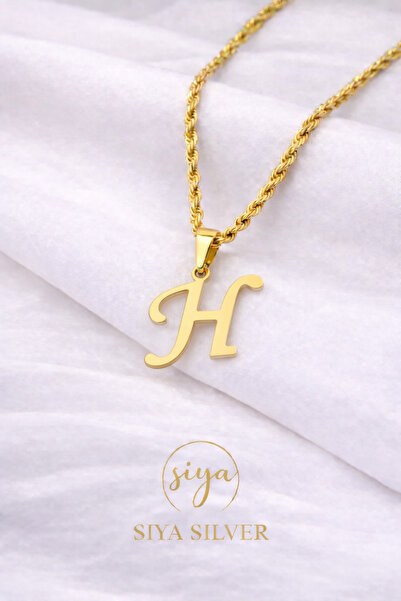 Siya Silver 316L Kararmaz Çelik Gold Renk Uzun Burgu Zincirli Harfli Kadın Kolye