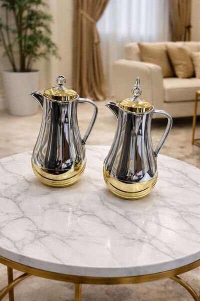 aljahwari 2-piece tea and coffee thermos set, matte chrome with wood trim, AB...