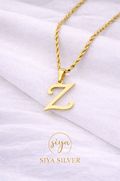 Siya Silver 316L Kararmaz Çelik Gold Renk Uzun Burgu Zincirli Harfli Kadın Kolye