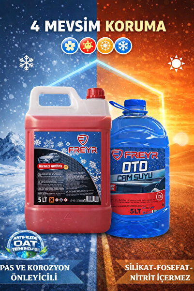 FREYR 4 Mevsim -42°C Organik Kırmızı Antifriz 5 Lt + Antifrizli -25°C Cam Suy...