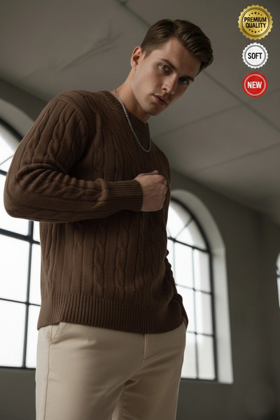 Millionaire Ανδρικό πλεκτό πουλόβερ σε καφέ χρώμα με λαιμόκοψη μηδέν, κανονικ...