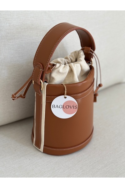 BAGLOVİS حقيبة يد وكتف نسائية برباط على شكل دلو بلون أسمر EN20 UZN20