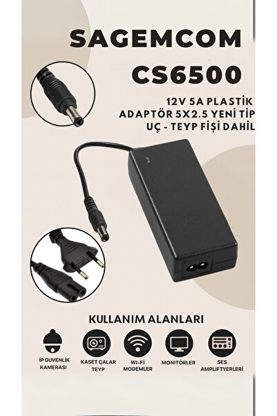 SAGEMCOM CS65001 12V 5A PLASTİK ADAPTÖR 5x2.5 YENİ TİP UÇ -TEYP FİŞİ DAHİL