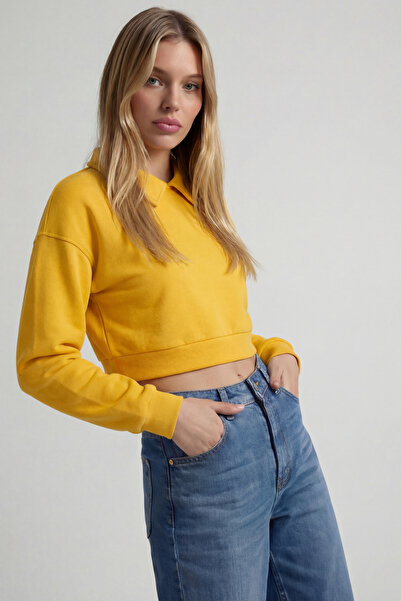 poupee Polo Yaka Sarı Sweatshirt, Kadın Sarı Sweat, 3iplik Sweatshirt