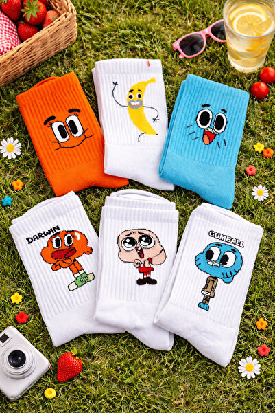 çorapdunyam Unısex 6”li Çizgi Film Kuromi Anime Gumball Darwin Karakterli Neş...