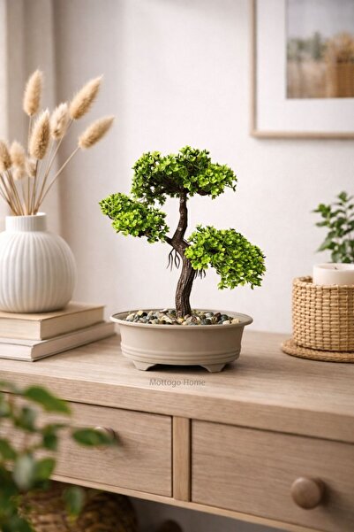 Mottogo 1 Adet Yapay Yeşil Bonsai Ağacı - Saksılı Yapay Bitki