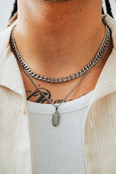 UKHWD SUPPLY 316L Çift Zincir Meryem Ana Figür Madalyon Kolye