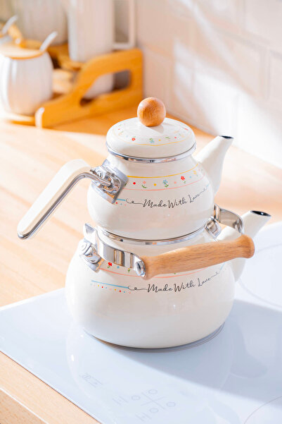 ACAR XAP7709 Çiçek ve Yazı Desenli Emaye Beyaz Çaydanlık 1/2 Lt