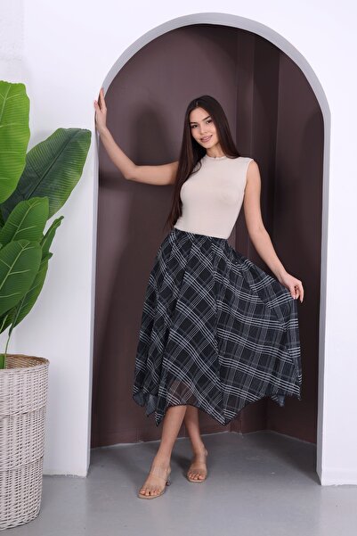 YEK&BİR FUSTA ELASTICĂ DIN șifon CU MODEL CAROȘĂ CU CĂPTĂTĂ INTERIOR