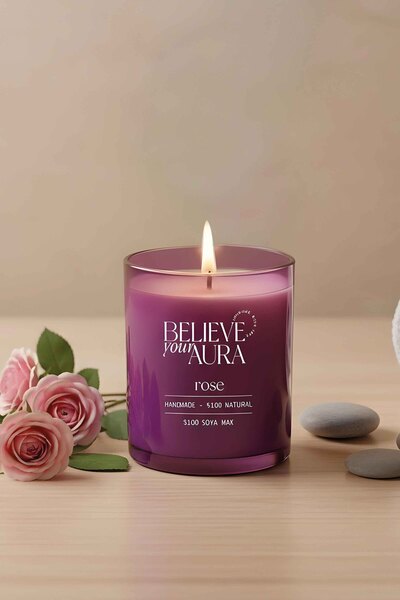 Believe Your Aura Gül Kokulu Aromaterapi Mum - %100 Doğal Soya Mumu Bitkisel ...