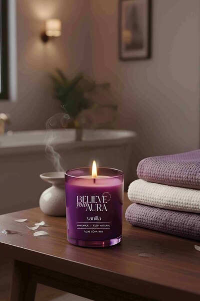 Believe Your Aura Vanilya Kokulu Aromaterapi Mum - %100 Doğal Soya Mumu Bitki...
