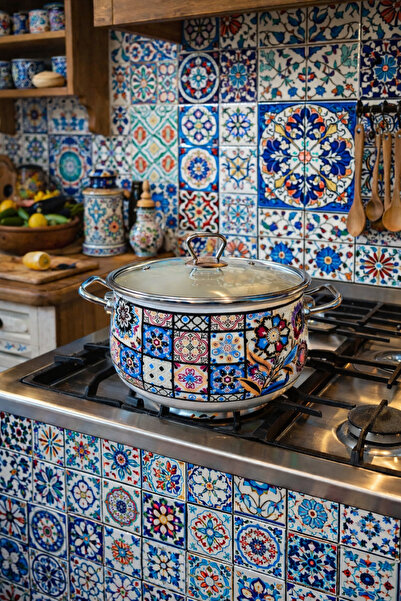 EBRULİEMAYE قدر صغير فاخر مطلي بالمينا بنمط بلاط، سعة 2 لتر، قطر 18 سم، قدر ح...