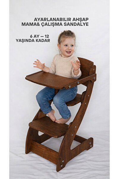 Montessori Ahşap Mama Sandalye Ve Çıkarılabilir Masa, Kestane Renk, Mindersiz