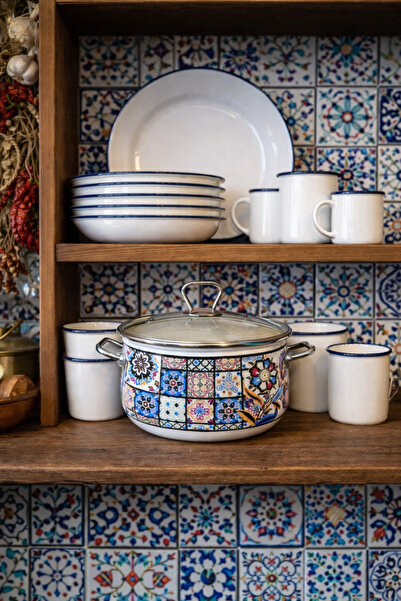 EBRULİEMAYE وعاء عميق فاخر من المينا بنمط البلاط سعة 5 لتر بقطر 24 سم وعاء زب...