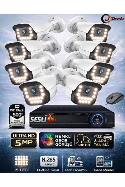 J-TECH 5MP Sesli 9090 iP Renkli Gece Görüşlü 8 Li 500GB Akıllı Güvenlik Kamer...