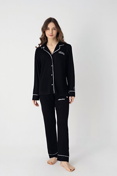 Hello Kitty LİSANSLI ÖNDEN DÜĞMELİ UZUN KOL BASKILI PİJAMA TAKIMI