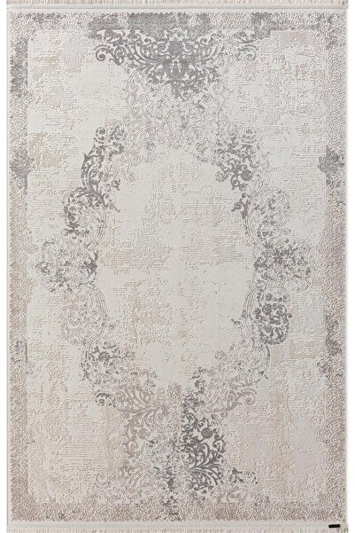 Karmen Halı Truva 8355 Krem Halı Bej Gri Detaylı Kenar Çerçeveli Göbekli Kalı...