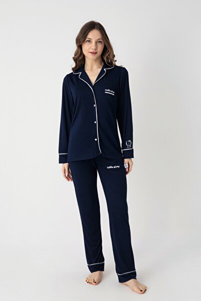 Hello Kitty LİSANSLI ÖNDEN DÜĞMELİ UZUN KOL BASKILI PİJAMA TAKIMI