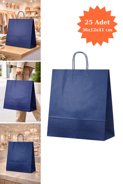 Plas+Plus Elit Burgu Saplı Kraft Çanta Mavi FSC Sertifikalı Kağıt Poşet Butik...