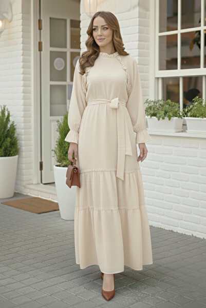 benguen 2084 فستان مزين بكشكشة وحزام لون حجري