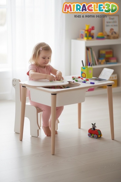 MİRACLE 3D Çocuk Çalışma Masası Ve 1 adet Sandalye, Aktivite Masası sepetli