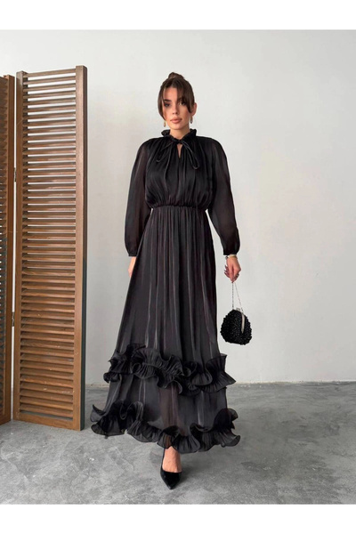 Diemmood فستان نسائي طويل من الشيفون بتفاصيل كشكشة وياقة مربعة وربطة خصر مطاطية