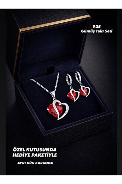 BEREN KILIÇ 925 Ayar Gümüş Çift Kalpli Kırmızı Taşlı Pırlanta Görünümlü Gümüş...
