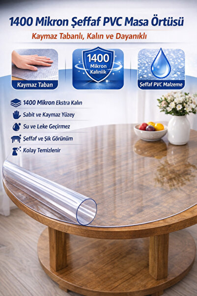TECHTACT Pvc Şeffaf Kalın 1,4 mm Yuvarlak Masa Örtüsü Kaymaz Taban, Tüm Ebatl...