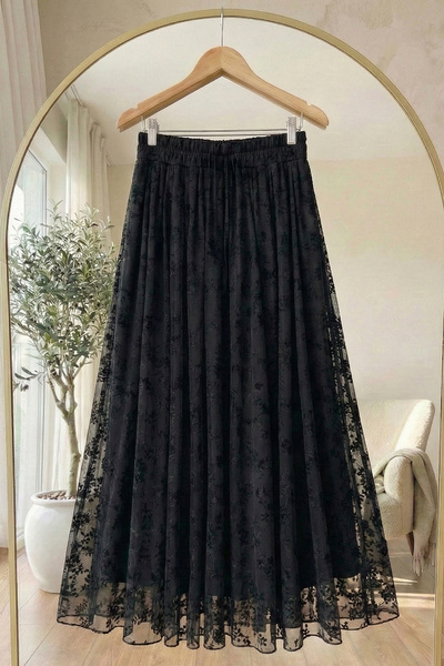 InStyle Çiçekli Flok Tül Astarlı Siyah Etek