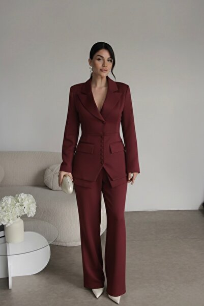 ossons Burgundy Blazer Suit with Triple Corset Detail