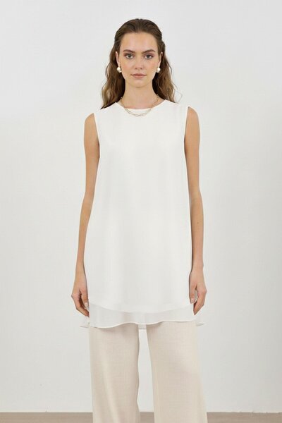 Puane تونيك نسائي بدون أكمام بتفاصيل من التول - 10270TUN - ECRU