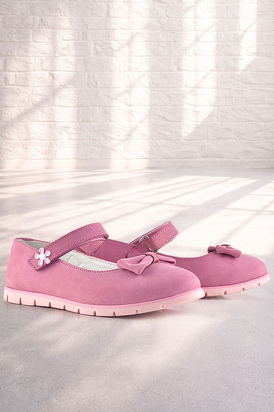 Rakerplus Balerini pentru fete din piele naturală cu fundă roz și cu velcro c...