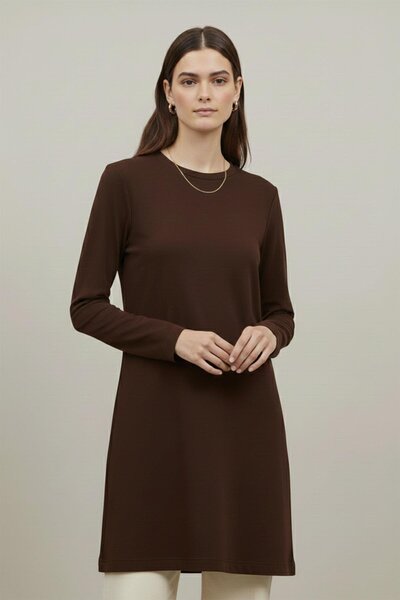 Puane تونيك نسائي ذو قصة مستقيمة وأكمام طويلة - 40021TUN - بني