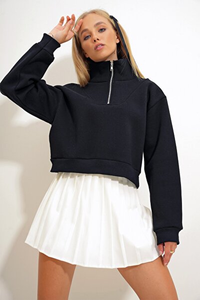 Trend Alaçatı Stili Hanorac negru cu guler înalt și fermoar pentru femei ALC-...