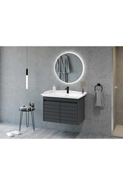 ROSEART BANYO ESTELLA ANTRASİT 80CM BANYO DOLABI SETİ LED AYNA + ALT MODÜL + ...
