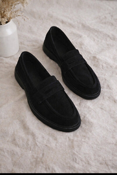 POTEEN Balerini casual cu cataramă din piele întoarsă neagră pentru femei Gig...