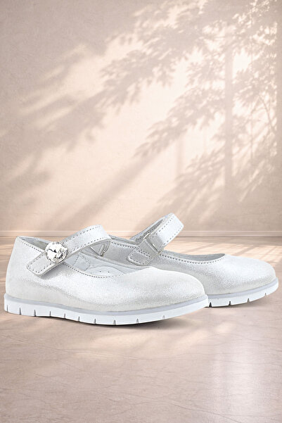 Rakerplus Genuine Leather Silver Velcro and Stone Detailed Girls' Ballerinas