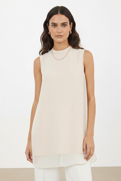 Puane Tunica de bază cu detalii din tul fără mâneci pentru femei - 10270TUN -...