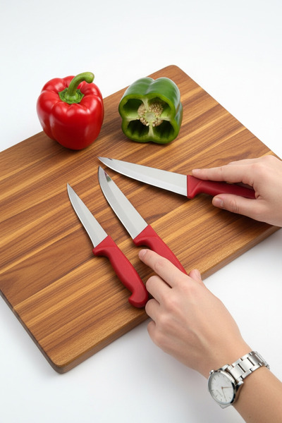 MERTCAN KNİFE 3'lü Mutfak ve Kasap Bıçak Seti - Paslanmaz Çelik Kırmızı Saplı...