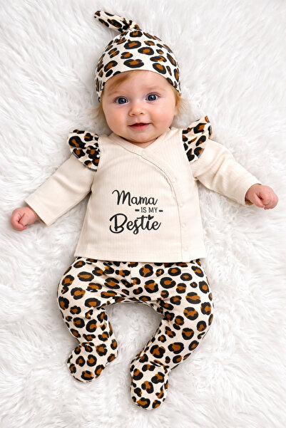 Leopard Pattern Krem 5’li Yenidoğan Kız Bebek Hastane Çıkışı Seti