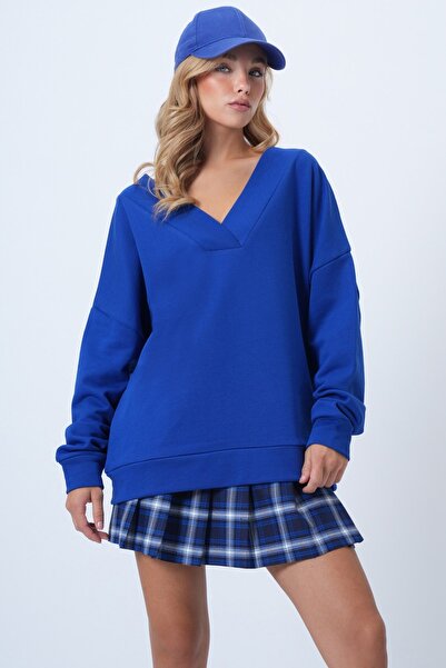 Trend Alaçatı Stili Oversize mikina Saks s výstřihem do V a dvouřadým zapínáním