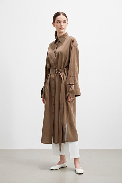 Puane Women's Long Buttoned Belted Shirt -10753 - Brown