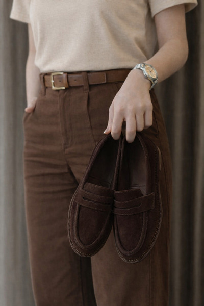 POTEEN Gigi Pantofi de damă din piele intoarsa maro cu catarama, pantofi casu...